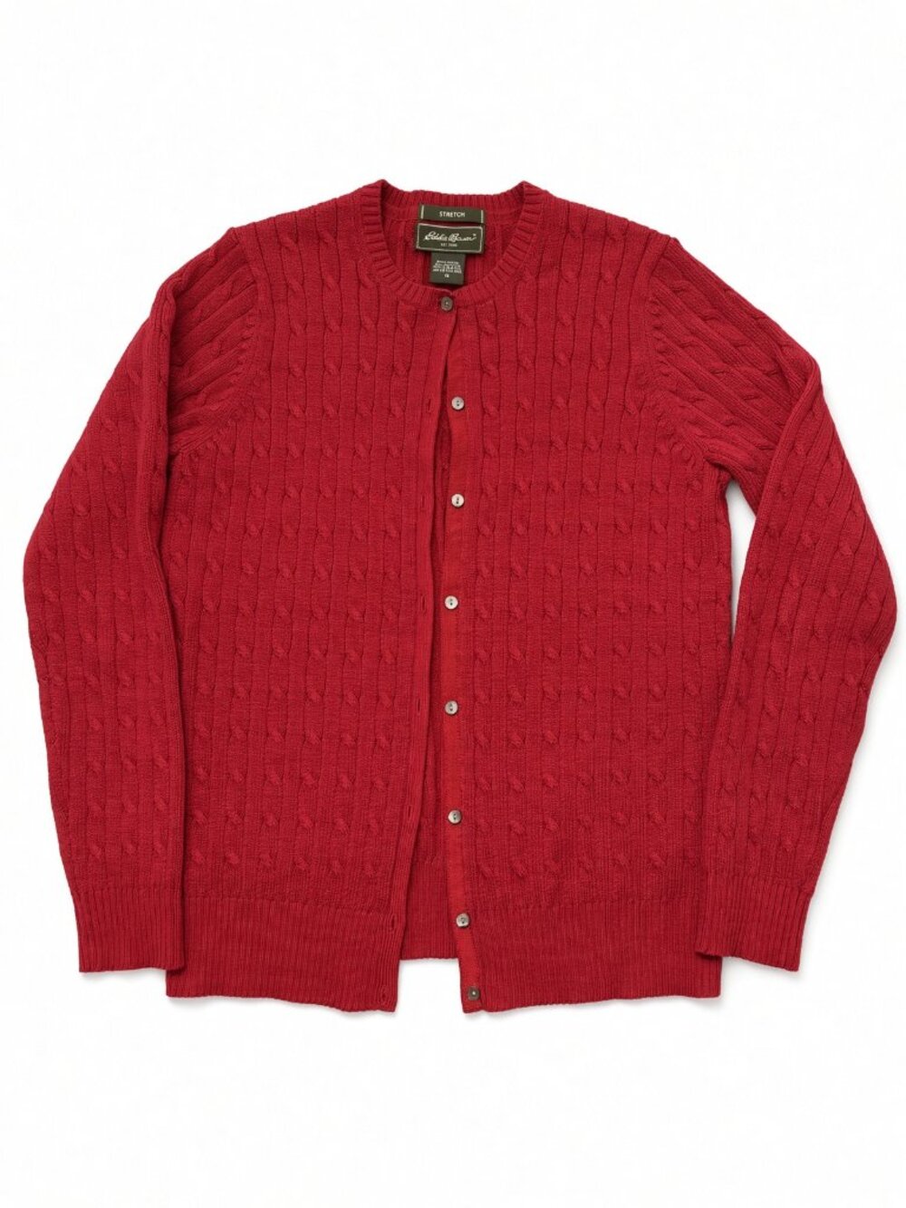 Eddie Bauer Women’s M Red Cable Knit Stretch Button Cardigan Sweater